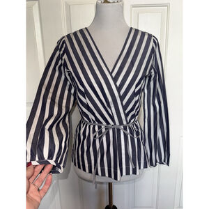 J Crew Nautical Striped Faux Wrap Top Blue White Size 4 Peplum Coastal Preppy